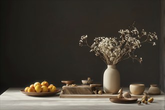 Still life scene of a simple wooden table with a vase of dried flowers, a few ceramic bowls, and