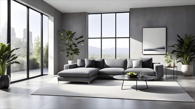 Render of a minimalist living room with clean lines and neutral tones, featuring a modern grey