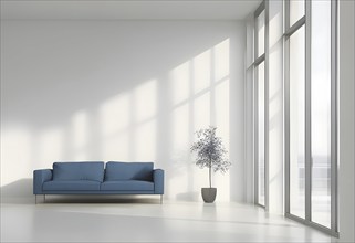 Minimalist living room with clean lines and neutral tones, featuring a modern blue sofa, AI