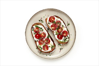 Sandwiches with cream cheese and cherry tomatoes, breakfast, homemade