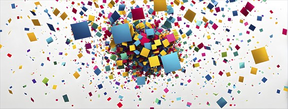 Abstract New Years Eve confetti explosion, with minimalist colored squares and circles falling