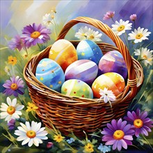 Illustration of of vibrant colored Easter eggs in a wicker basket, surrounded by delicate spring