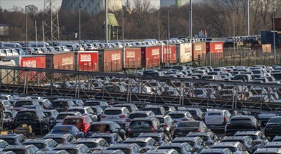 Car terminal in the Logport I inland port, in Duisburg on the Rhine, vehicle handling of new cars,