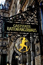 Hotel sign Rattenfaenger, Hameln, Lower Saxony, Niedersachsen, Germany, Europe