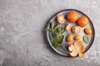 Tangerines, kumquats and a branch of mint on ceramic plate on a gray concrete background, top view,