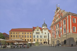 Restaurant Ratskeller with onion dome and old town hall, Renaissance, historic, historical, red,