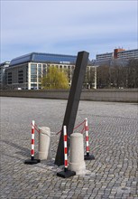 Warning banner in front of defective, modern lantern, Humboldt Forum, Berlin, Germany, Europe