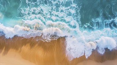 Drone bird's eye view of the ocean waves hitting the shore and sandy beach, AI generated