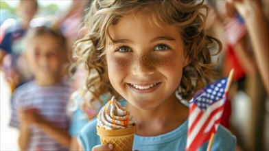 Cute children celebrating with friends and family outdoors with ice cream cones. generatvie AI, AI