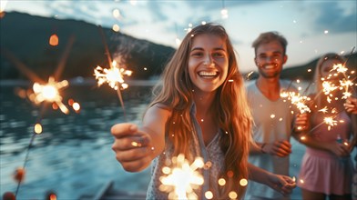 Young adults having fun with sparklers at the lake. generative AI, AI generated