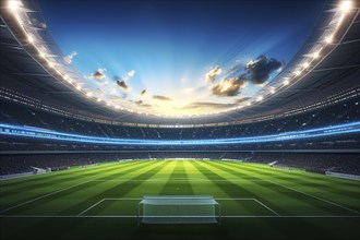 A soccer field with a large crowd of people spectators fans watching the game on sunset. The