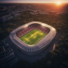 Aerial bird eye top view of a soccer football field stadium on sunset, AI generated