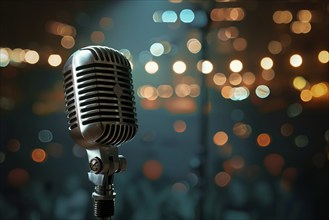 Microphone on a microphone stand with a blurry coloful background, AI generated