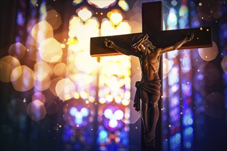 Crucifix with Jesus Christ on cross in church with light coming through stained glass windows,