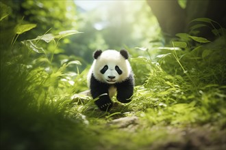 Cute panda cub in a lush bamboo grove, The image showcases the beauty and serenity of nature and