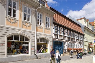 Pedestrian zone stony path with restaurants and shops, ., Suhl, Thuringia, Germany, Europe