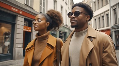 Vacationing attractive young african american couple walking through the streets of europe,