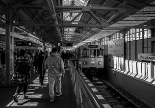 Black and white photograph, Warschauer Straße underground station, Berlin, Germany, Europe