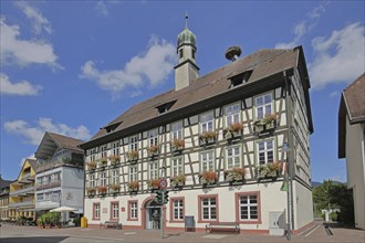 Half-timbered house and town hall with spire, Hausach, Kinzigtal, Southern Black Forest, Black