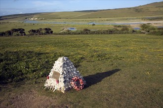 View north east over River Cuckmere valley from Seaford Head, East Sussex, England. Canadian war