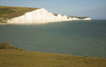 Chalk cliffs of the Seven Sisters from Seaford Head, East Sussex, England, United Kingdom, Europe