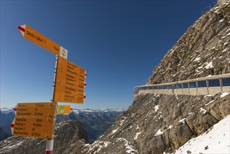 Information boards on the hiking trails, view of the Appenzell Alps from the Alpine peak of Säntis,