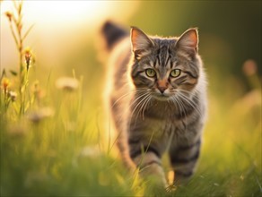 Adorable, striped playful cat walking in the filed, AI generated