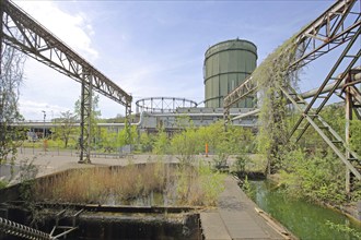 Gasometer, water basin and renaturalisation, UNESCO Völklingen Ironworks, Völklingen, Saarland,