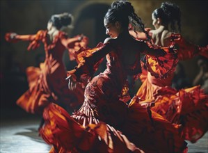 Passionate spanish gypsy national culture dance flamenco performed by a female dancer, AI generated