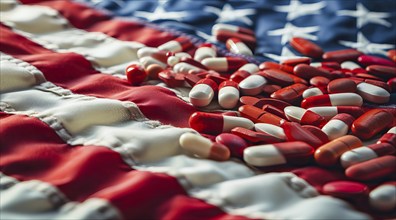 Painkiller epidemic in the US, tablets, needles and syringes lying on American flag, AI generated