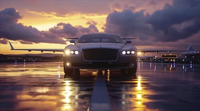 Successful businessman car in front of private airplane ready for luxury business corporate travel,