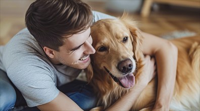 Happy dog gold retriever owner sitting together with his cute dog playing and hugging him, AI