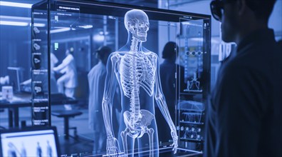 Team of engineers, visualization of human body 3D modeling for future medicine, AI generated