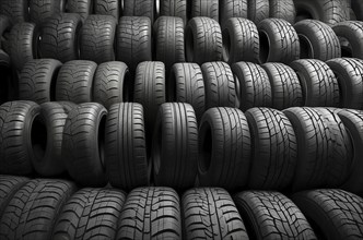 Four tires are shown in a row, with the front tire being the largest. The tires are of different