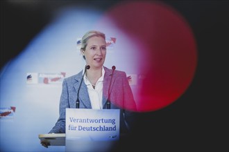 Alice Weidel, Federal Chairwoman of the AfD (Alternative for Germany), speaks to the media in front