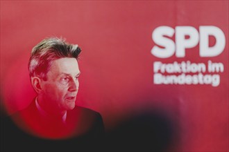 Rolf Mützenich, SPD parliamentary group leader, recorded during a press statement in front of the