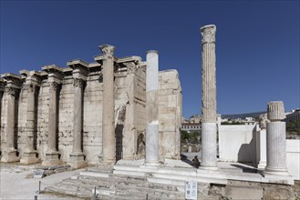 Ruins of Hadrian's Library, west wall with Corinthian columns, Plaka historic centre, Athens,