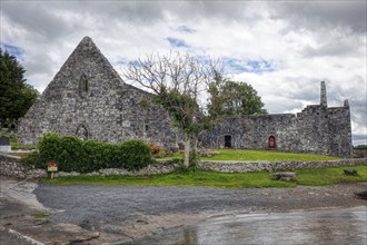 Historic stone church in ruins with a tree under a cloudy sky, Urlaur Abbey