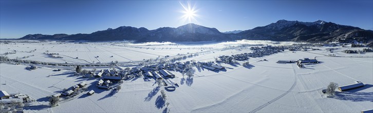 Aerial view of a village in front of mountains, sun, snow, winter, panorama, Schlehdorf, view of