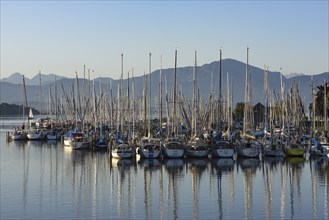 Sunrise at the marina of Seebruck, Chiemsee, Chiemgau, Bavaria, Germany, Europe