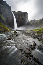 Haifoss and Granni waterfall at a canyon, Fossá í Þjórsárdal, with river í Þjórsárdal, long