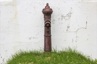 Hydrant on grassy hill, Djúpavík, Reykjarfjörður, Strandir, Árnes, Westfjords, Iceland, Europe