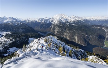 Snow-covered summit of the Jenner with viewing platform in autumn, view of Königssee and Watzmann,