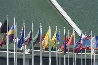 Many flags in front of the United Nations Conference Centre, Bangkok, Thailand, Asia