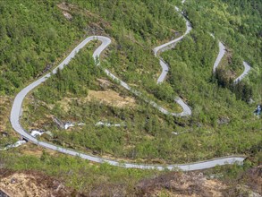 Serpentines of the Gaularfjell mountain crossing, national tourist route north of Balestrand,