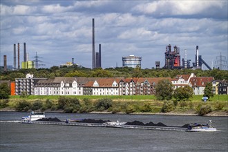 Cargo ship loaded with coal, on the Rhine near Duisburg-Laar, houses on Deichstraße, industrial