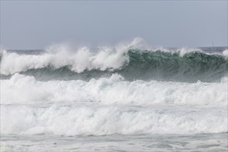 Turquoise blue wave in the Iroise Sea. Camaret, Crozon, Brittany, France, Europe