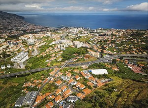 Aerial drone view of Funchal town, Madeira island, Portugal, Europe