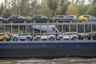 Car transporter Freighter Forenso, on the Rhine near Rees, brings Ford Explorer e-cars from the