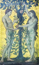 Tree of Knowledge with Adam and Eve reredos painting by Norman Shaw 1870s, Kelsale church, Suffolk,